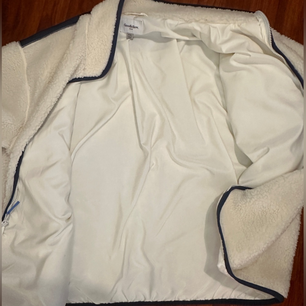 Goodfellow & Co Cream Sherpa Jacket with Navy Blue Pocket unisex XXL - Picture 12 of 12